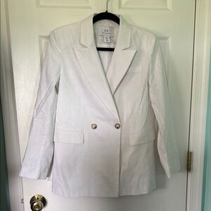 H by Halston White Linen Double-Breasted Blazer Structured Suit Jacket